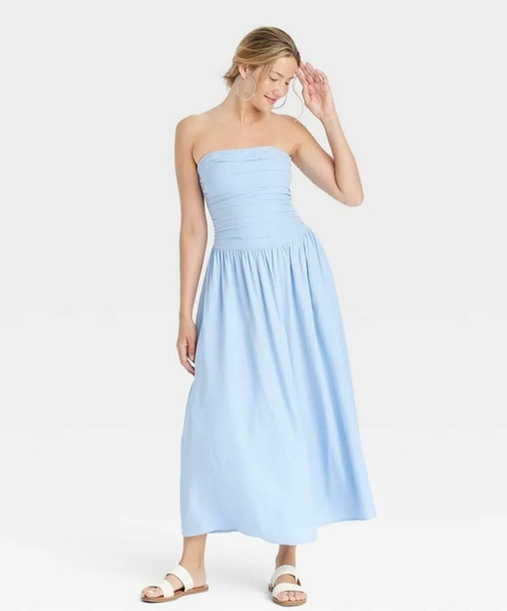 Universal Thread Linen Blend Strapless Ruched Maxi Dress Blue S